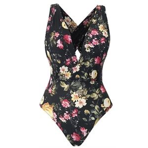 Cupshe Floral V-Neck One Piece Swimsuit Small Romantic Goth Glam
